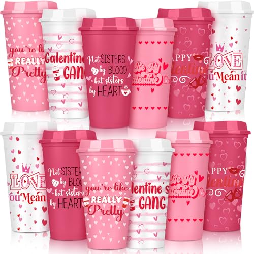 12 Pcs Galentines Day Coffee Cups Gift Bulk with Lids 16 oz Reusable Plastic Heart Cups Galentine's Day Party Supplies Red Pink Mug for Women Teacher Galentine‘s Friendship Gift for Hot Cold Drink