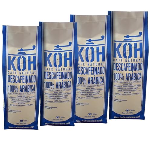 KoffeeONHOME Café en Grano Descafeinado al Agua – 100% Arábica – Tueste Natural – 2 kg (4x500 gr)