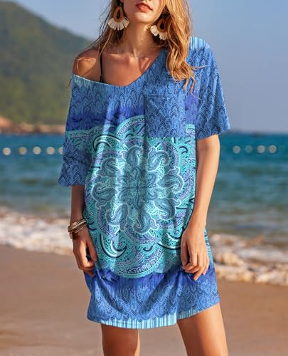 Image of Ekouaer Womens Tshirt Nightgown Cotton V Neck Sleepshirts Comfy Casual Nightshirt for Women, Cashew Blue, 3X-Large
