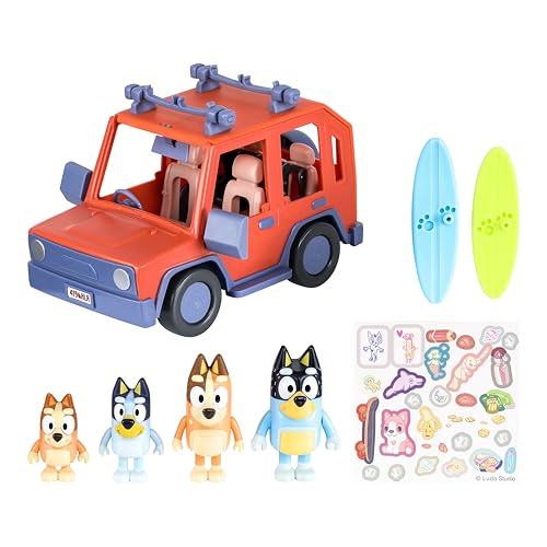 Bluey Pacote de todo-o-terreno familiar dos Heeler e 4 figuras, figuras de 6,3 cm, 2 tábuas de surf e autocolantes