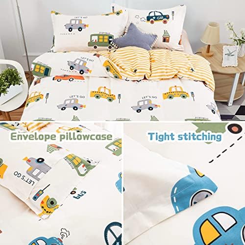 Cartoon Cars Duvet Cover Set Twin Size, 100% Cotton Reversible Bedding Sets for Kids Teens Boys, 2 Pieces Car Bus Yellow Stripes Printed Bedding Comforter Cover Set (1 Duvet Cover+1 Pillowcase) 5 51u35hpwBOL. AC