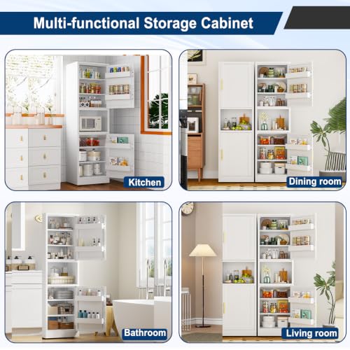 Image of Tall Narrow Pantry Cabinet for Kitchen, 67 inch H Metal Storage Cabinet with Inner Door Storage Racks, Doors & 3 Adjustable Shelves for Dining Room, Living Room, Home Office, 20 inches Wide, White