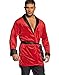 Smoking Jacket Costume Men's Robe Features Red Velvet Coat with Black Satin Trim on Collar and Cuffed Sleeves with Matching Belt