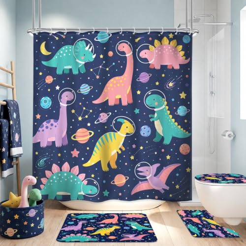 Image of 4PCS Kids Dinosaur 71Wx71H Inches Funny Cute Planet Colorful Outer Space Shower Curtain Sets with Rugs, Toilet Lid Cover and Bath Mat, Boys Bath Accessories Art Home Decor Fabric 12 Pack Hooks
