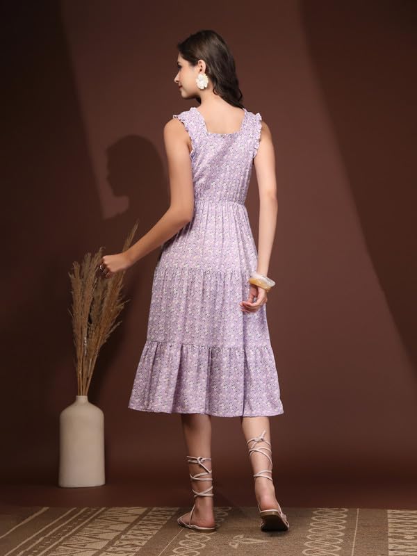 Image of Daevish New Rayon Floral Printed Flared Midi Dress for Women | Women Calf Length Dress