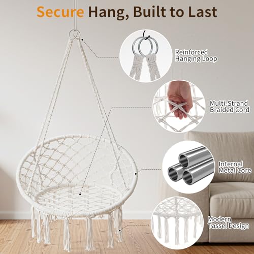 Image of Garpans Hammock Chair Macrame Swing Bohemian Style Hammock Swing Chair with Tassels Hanging Swing Chair Handmade Knitted Cotton Rope for Indoor Outdoor Bedroom Patio Max 330 Lbs White
