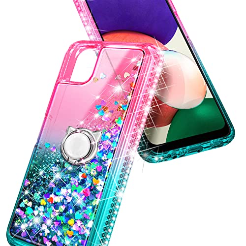 Nznd Case For Boost Mobile Celero 5G With Tempered Glass Screen Protector (Maximum Coverage), Ring Holder/Wrist Strap, Glitter Liquid Floating Waterfall Durable Cute Case (Pink/Aqua) #TOP3