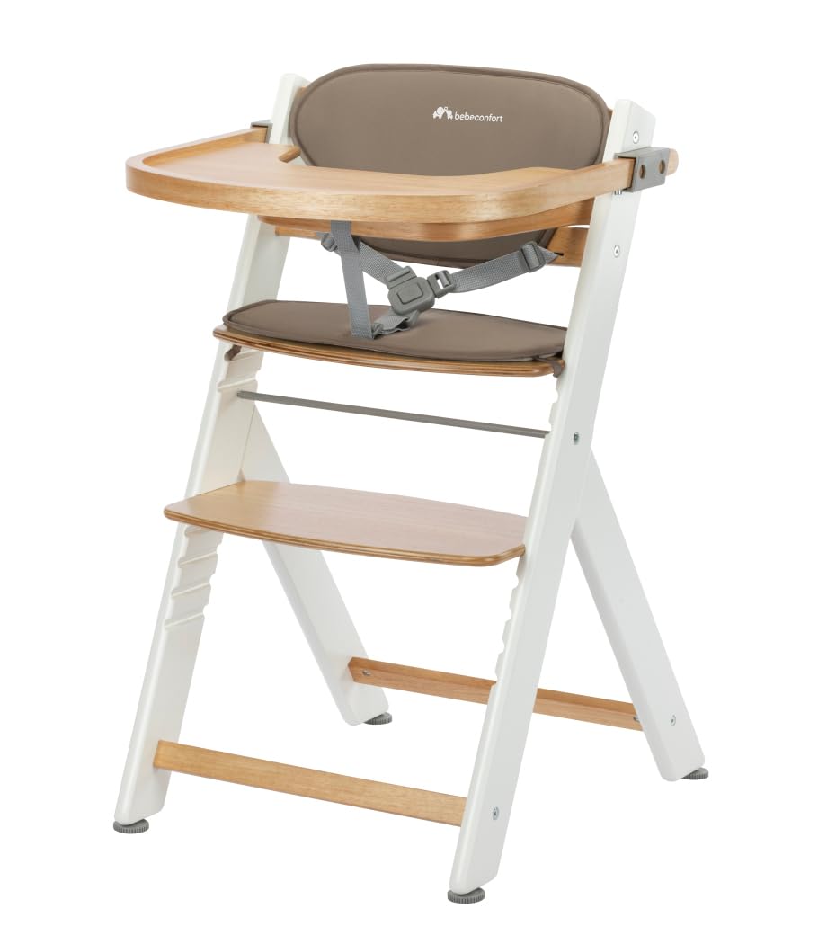 Bebeconfort Timba + Cojín, Trona de Bebé Evolutiva, 6 Meses-99 Años, hasta 110 kg, Bandeja Extraíble, Asiento/Reposapiés Regulables, Arnés Seguridad, Compatible con Timba Baby, Light Wood/Beige