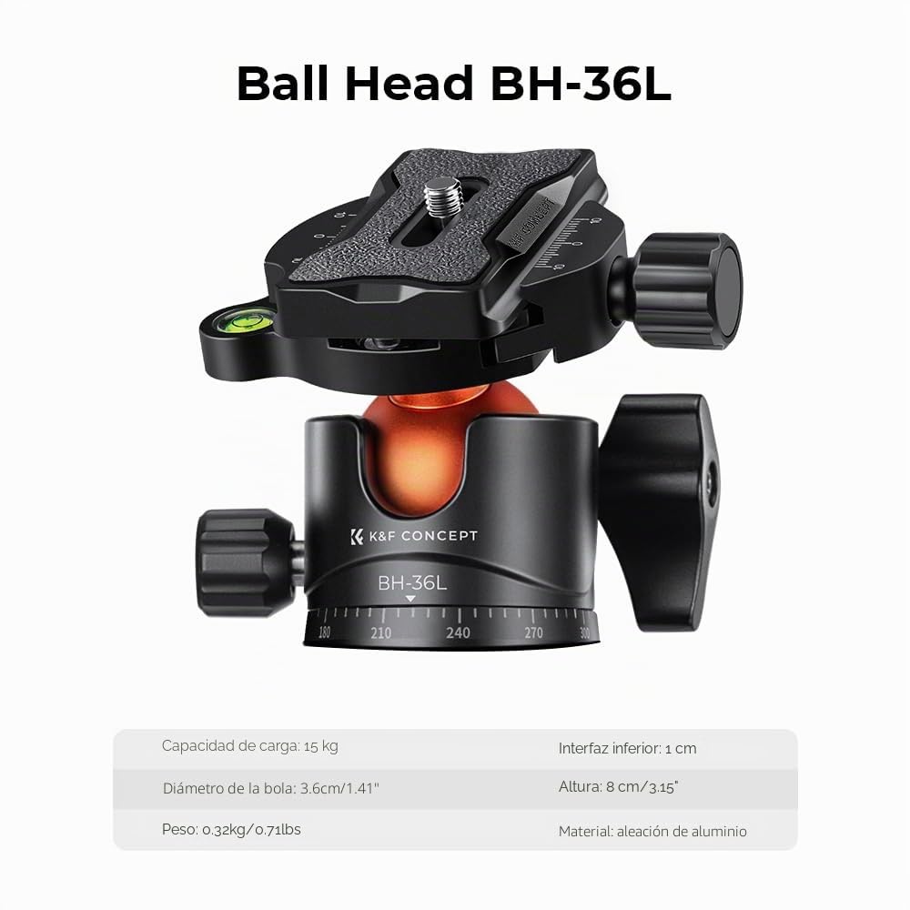 K&F CONCEPT Trípode Cámara de Carbono Compacto con Rótula de Bola 360°Compatible con Cámara DSLR, Carga Máxima: 15KG (A255C2+BH-36L) | Rótula de Bola 360°, Compatible con Cámara DSLR, Carga Máxima: 15KG, A255C2+BH-36L