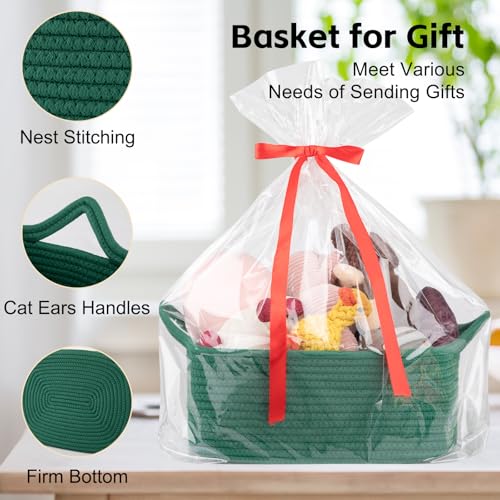 Image of OIAHOMY Woven Basket, Gift Basket Empty with Gift Bags and Ribbons, Rope Baskets for Baby Showers, Storage Baskets with Handles for Nursery, Pet Toy Organizer - Green