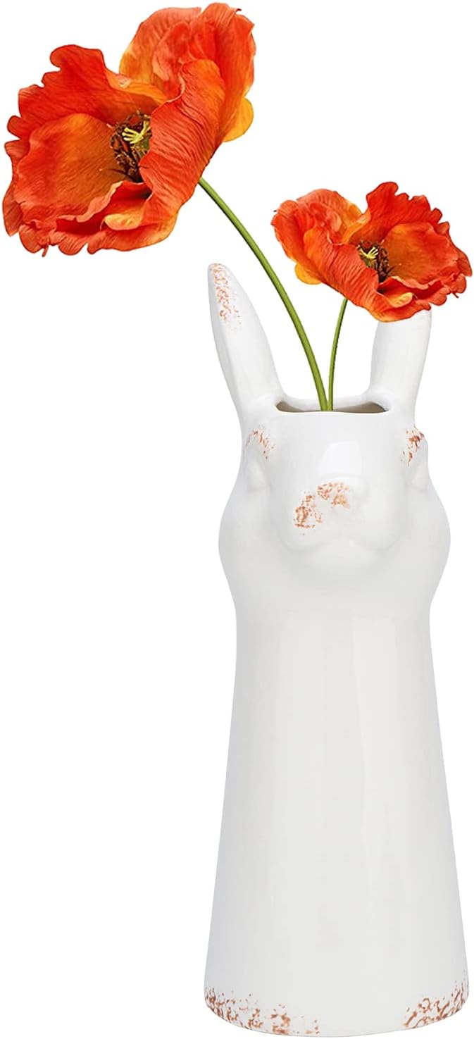Animal Head Ceramic Vases Rustic Pottery Vase Farmhouse Flower Pots for Centerpiece Living Room Kitchen Dining Table Bookshelf Décor (Rabbit)