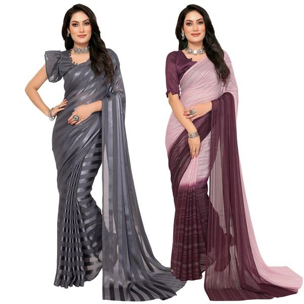 Image of Women's Multicolor Satin Striped Printed Saree with Unstitched Blouse Piece (Pack of 2) P2 MD RS WB SAT6001 1 WB SAT6013 9 BZ