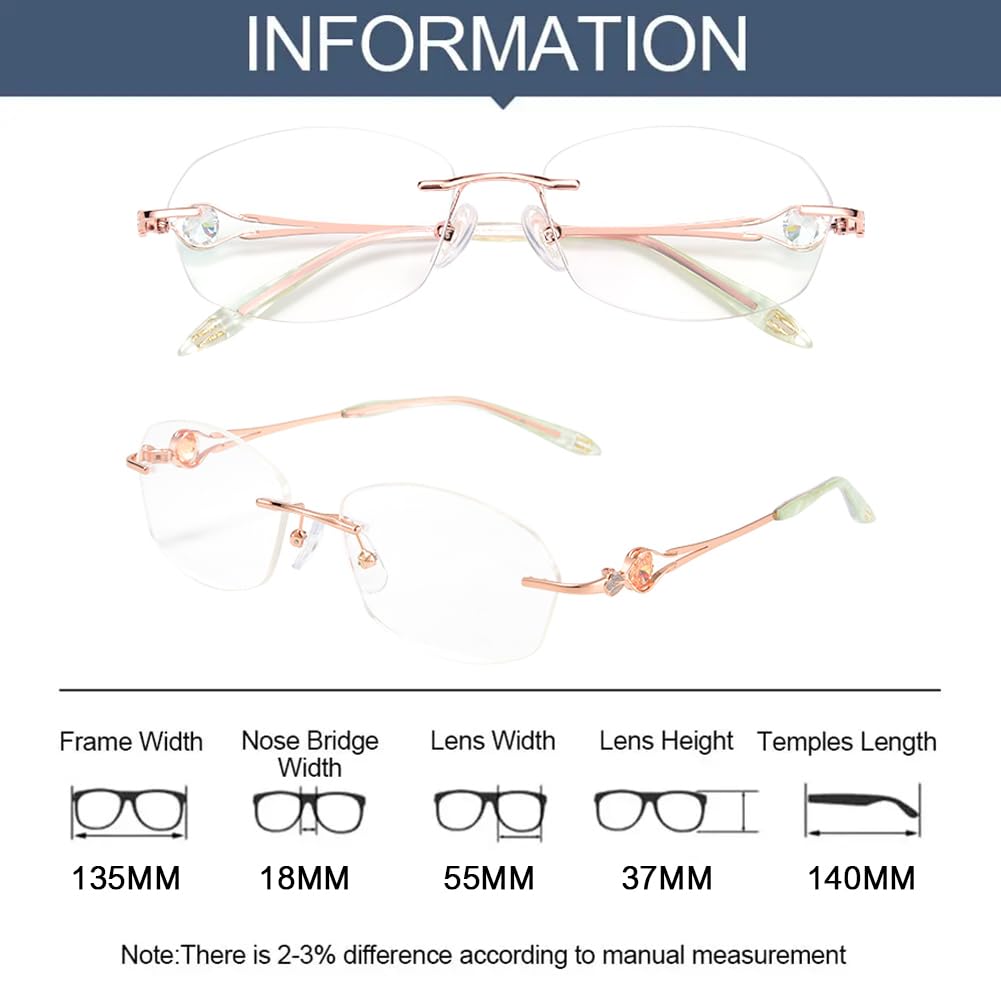Klassische randlose Lesebrille für Frauen, blockiert blaues Licht, Computer-Lesebrille für Damen, Anti-Blend-Brille gegen Augenermüdung, Roségold, 3,0 x (Roségold 1,5 x)