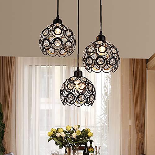 Lámpara Colgante para Isla de Cocina, candelabro de Cristal Negro de 3 Luces, lámpara de Techo con Jaula metálica para Pasillo, Comedor, Dormitorio, cafetería o Armario, con soport