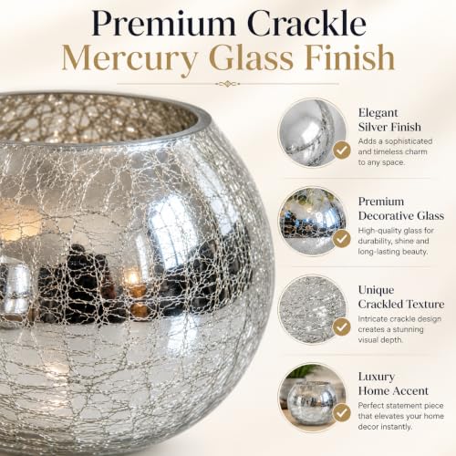 Image of Decorative Crackle Glass Flower Vase for Home Decor, Silver Mercury Glass Vase for Fresh & Artificial Flowers, Modern Centerpiece for Living Room, Dining Table, Office & Gifting