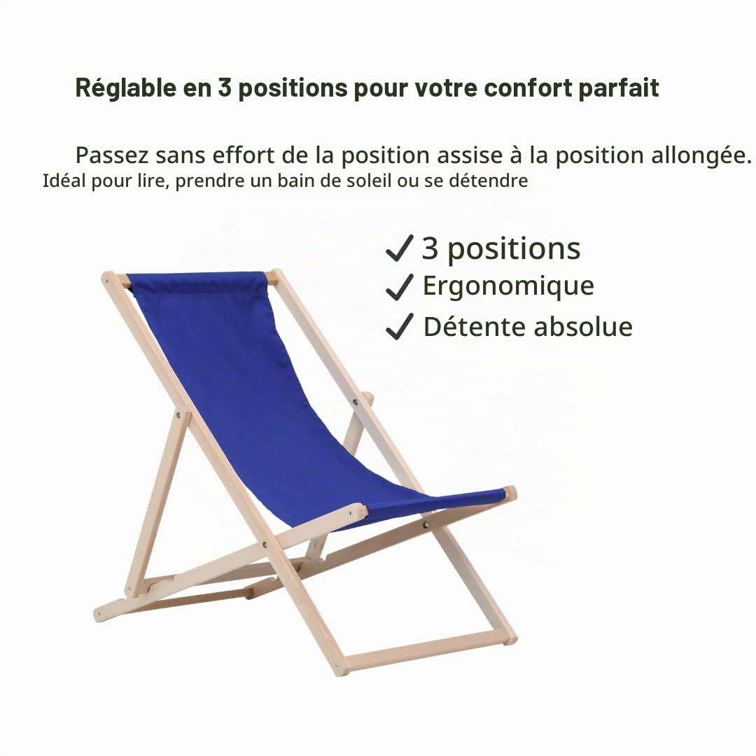 BAS Chaise Longue Pliante en Bois - Lot de 2 Transates de Plage Chaise Blue - Chilienne Pliante - Chaise Longue Jardin Relax Pliable pour Balcon, Plage, terrasse et Camping