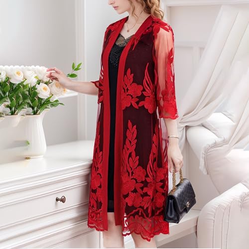 Image of FindThy Women's Floral Lace Embroidery Cardigan 3 /4 Sleeve Sheer Mid-Long Coat Kimono Coverups
