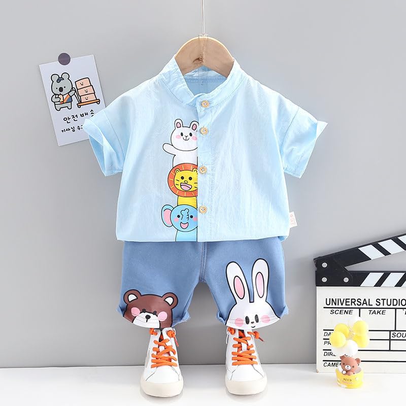 Image of Bold N Elegant Boys Cartoon Cotton Shirt Denim Shorts Set