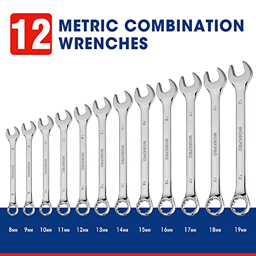 Workpro 12-Piece Combination Wrench Set, Metric 8-19Mm, Premium Cr-V Wrench Sets, 12Pt, Mirror Polish Chrome Plating With Organization Bag #TOP1