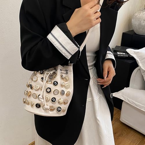 Stylish Button Embellished Leather Bucket Bag for Women, Large Capacity Drawstring Hobo Handbags Organizer Crossbody Purse4