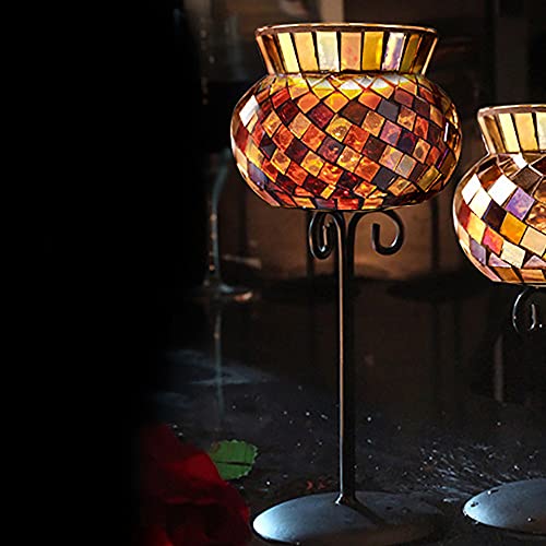 Eco Memos Portavelas de cristal de mosaico alto con soporte mental, soporte de mosaico de vidrio agrietado, portavelas romántico hecho a mano (ámbar-L) Cover