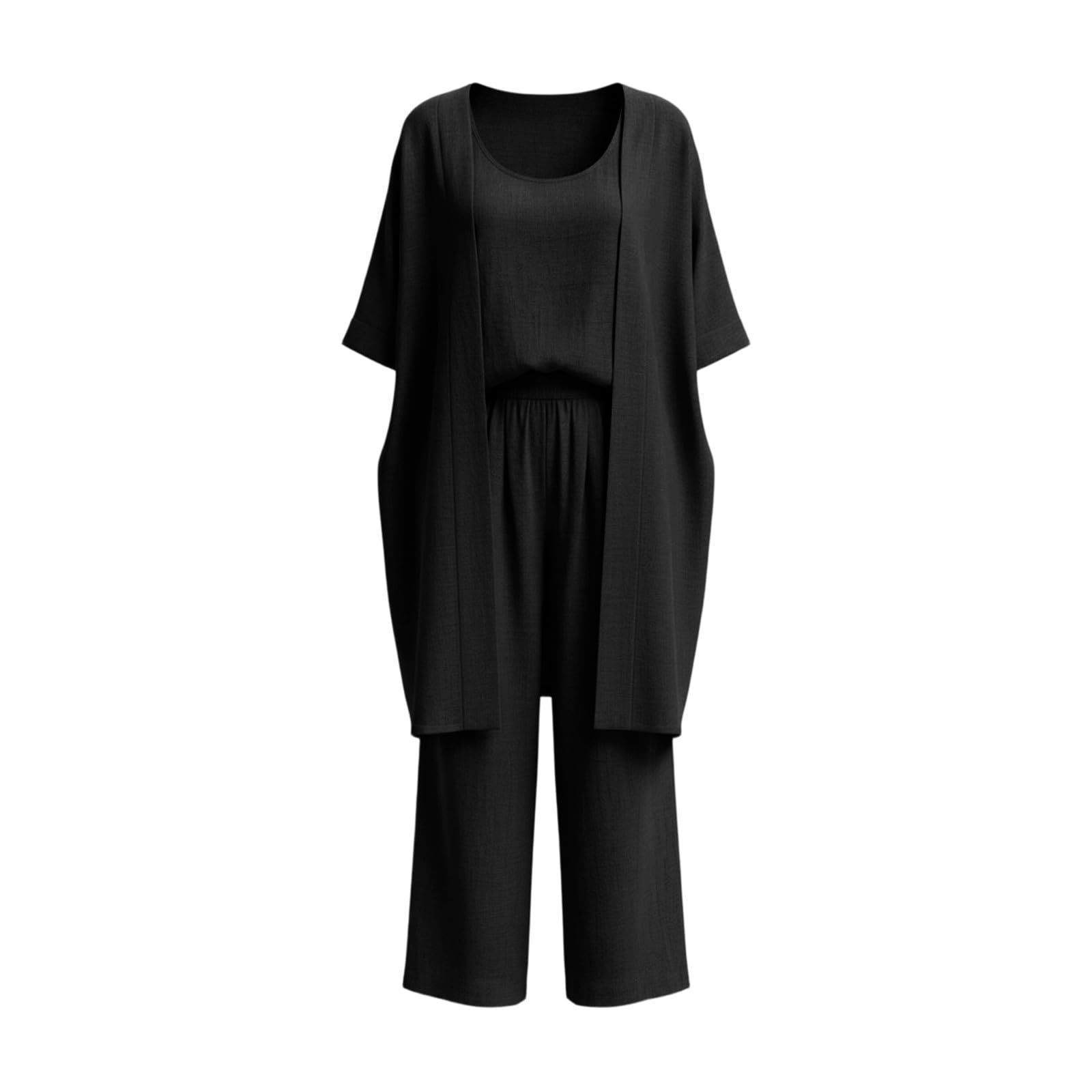 Ensemble 3 Pièces En Lin Pour Femme,Cardigan Ouverte Et Débardeur Et Pantalon Large,Tenue Décontractée Confortable Et Respirante Casual Outfits Set Grande Taille Jogging Ensemble De Plage