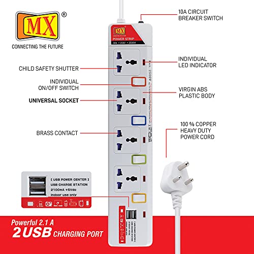 Image of MX 4-Way Power Strip with Individual Switches & LED Indicator | Spike Guard with Circuit Breaker | 2 USB Ports 5V 2.1A | Child Safety Shutter, 3M Cord