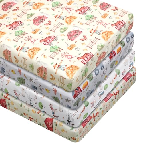 Image of VitalCozy 4 Pcs Farm Animals Crib Sheet Set Newborn Bedding Nursery Baby Sheets for Girl Boys Baby Gifts for Standard Crib and Toddler Mattresses, 52 x 28 x 8 Inches