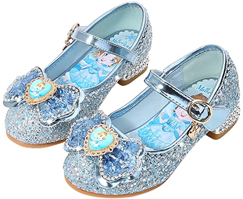 YOGLY Fille Chaussures de Princesse Déguisement Elsa Reine des Glaces Noël Carnaval Anniversaire Costume Accessoires Noeud Paillette Bleu Rose Argenté Doux Ballet Talons Hauts Cosplay Halloween Fête