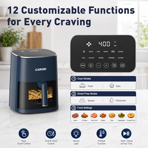 Image of CARORI 6 Qt Air Fryer with Viewing Window, 12 Presets, 1700W, 400F Max, Large Nonstick Dishwasher-Safe Basket, Bake, Roast, Reheat, Dehydrate, Blue