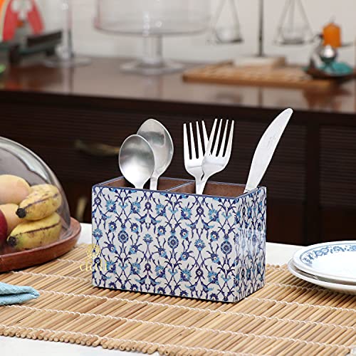 Image of DULI Multipurpose Stand, Cutlery Holder, Spoon Stand, Table Organizer with 2 Sections, Chammach Stand (10cm x 15cm) (BlueMoroccan) Engineered Wood,Utensils