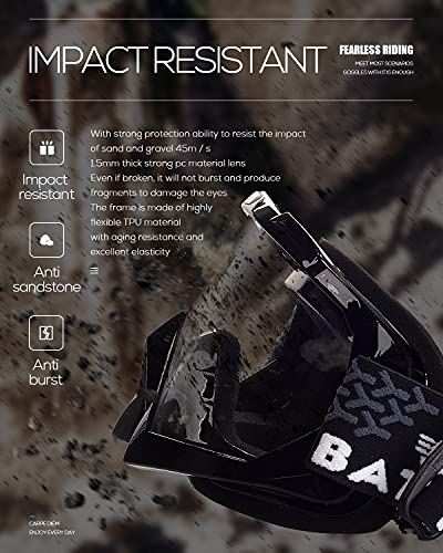 Image of BATFOX Dirt Bike ATV Goggles Motorcycle Glasses Riding Motocross 4-Wheeler MX DH Accessories for Men Women Youth UV Protection Safety Dust-Proof Anti-Slip Strap(Clear-Black)