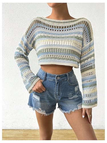 Image of SOLY HUX Sweaters for Women Hollow Out Striped Boat Neck Long Sleeve Crochet Crop Tops Multicoloured Striped Large