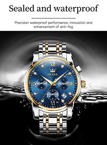 Image of OLEVS Men's Business Watch With Date, Luminous Quartz Movement, Waterproof Stainless Steel Strap, Stopwatch Timing Function - Silver Band, Gold Case, Blue Dial, Classic