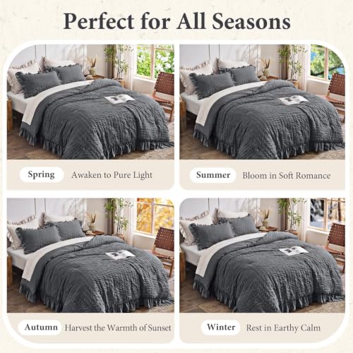 Image of JOLLYVOGUE Dark Grey Twin /Twin XL Comforter Set,3pcs Seersucker Bed Set | OEKO-TEX Certified, All Season, Down Alternative Fill, Lightweight Bedding Set with Ruffle Comforter & Pillowshams, Easy Care