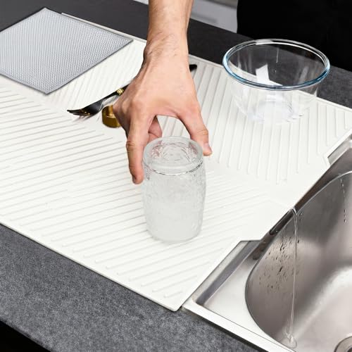alfombrilla escurreplatos,escurreplatos silicona,30 x 40 cm,estera de goma con estructura acanalada e inclinada para un óptimo drenaje del agua,Accesorios para escurridor de platos,Blanco