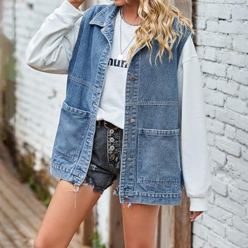 MINTLIMIT Women's Denim Vest Oversized Button Down Jean Vest Vintage Sleeveless Distressed Denim Jacket2