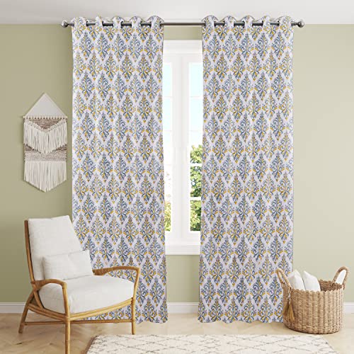 Image of HOMEMONDE Cotton 9 Feet Long Floral Grommet Semi Sheer Curtain Door Decorative Drapes For Bedroom Yellow Ikkat, Pack Of 2
