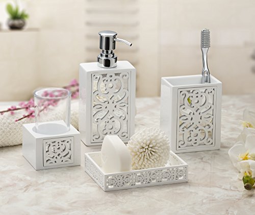Creative Scents Mirror Janette White Bathroom Accessories Set - Decorative 4 Piece Bathroom Set - Mirrored Bathroom Accessory Set Includes: Soap Dispenser, Toothbrush Holder, Tumbler and Soap Dish - Image 3