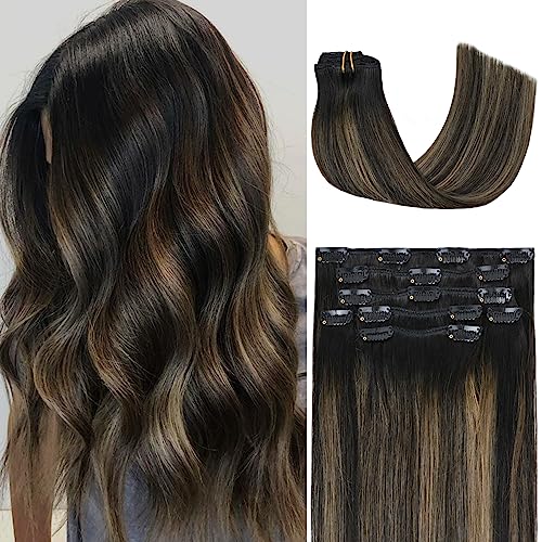Clip In Hair Extensions Honsoo Real Human Hair Natural Black to Chestnut Brown 70g 7pcs 12inch Short Hair 100% Remy Human Hair Gift For Women Seamless Clips Soft Hair No Tangles (12