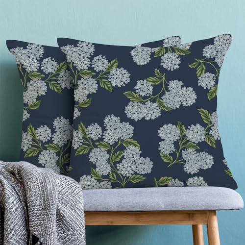 Image of AEIOAE Spring Pillow Covers 18x18 Inch Set of 2, Navy Blue Green Hydrangea Flower Throw Pillows Case,Floral Summer Outdoor Seasonal Decorative Farmhouse Decor Cushion Covers for Home Sofa Bed Couch