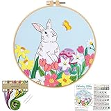 Nuberlic Embroidery Kit Easter Rabbit Pattern Embroidery Starter Kits for Adults Beginners Easter Day Decor Include Embroidery Fabric Embroidery Hoop Threads and Needles