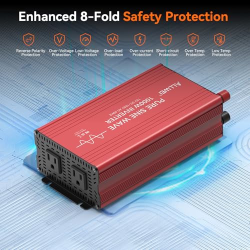Image of ALLWEI 1000W Pure Sine Wave Inverter, 12V DC to 120V AC Converter | for Home, RV, Truck, Off-Grid Solar, Car Power Inverter with 2 Sockets, Power Inverters for Vehicles, 2000W Peak