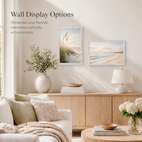 Image of JCJMY 5.5x8.5 Picture Frame for Wall Hanging or Tabletop, Wall Mounting Horizontally or Vertically, 5.5 x 8.5 Wall Gallery Poster Photo Frame with Durable Shatter Resistant Plexiglass, Rustic White