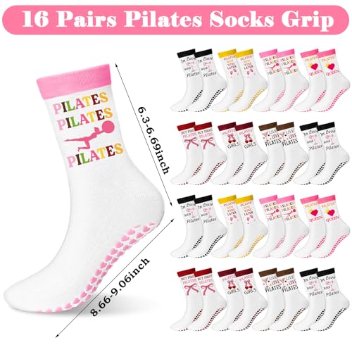 Image of Jeyiour 16 Pairs Pilates Socks Grip for Women Girls Non-slip Yoga Crew Grippy Pink Bow Pilates Socks