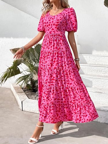 Image of PRETTYGARDEN Puff Short Sleeve Cewneck Floral Long Fall Dresses for Women 2025 Flowy Tiered Hem Maxi Wedding Guest Dress