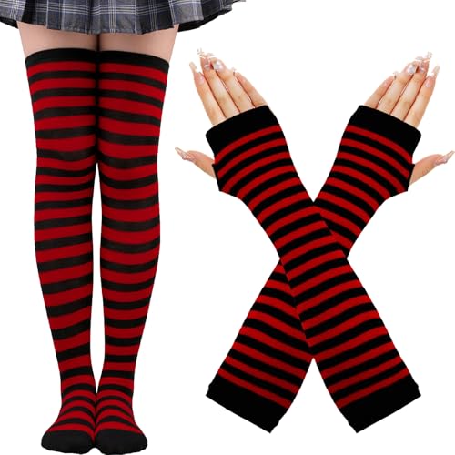 CWENDANER Regenbogen High,Overknee Strümpfe Damen Mädchen,Socks Lange Socken Volleyballsocken Sportsocken mit fingerlosen Handschuhen Set für Party, Halloween Kostüme