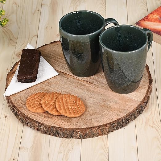 Image of QIMACPLUS Indian Handcrafted Ceramic Stylish Dark Green Colour Finish Elegant Design Plain Sparkling Print Ceramic Cup Mug 350ML (Pack of 2)
