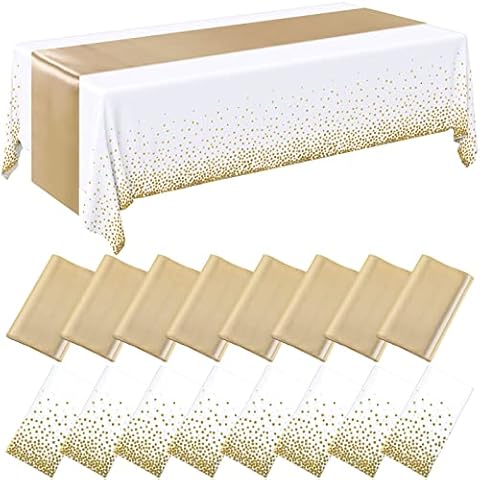 Tudomro 16 Pieces White and Gold Disposable Plastic Tablecloths and Satin Table Runner Set 54x108 Inch Tablecloth 12x108 Inch Table Runners for New Year Wedding Birthday Baby Shower Graduation Cover