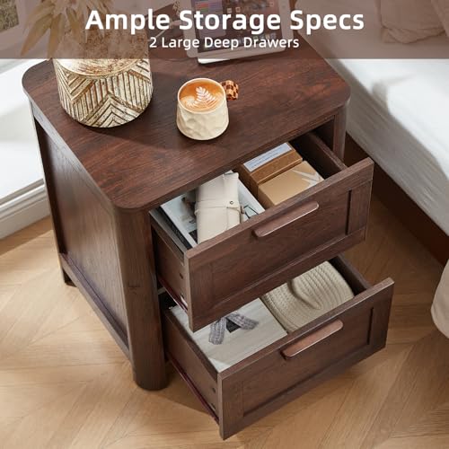 Image of Joaxswe Farmhouse Nightstand with Charging Station, End Tables Bedroom with 2 Large Drawers & 4 Thickened Table Legs, Walnut